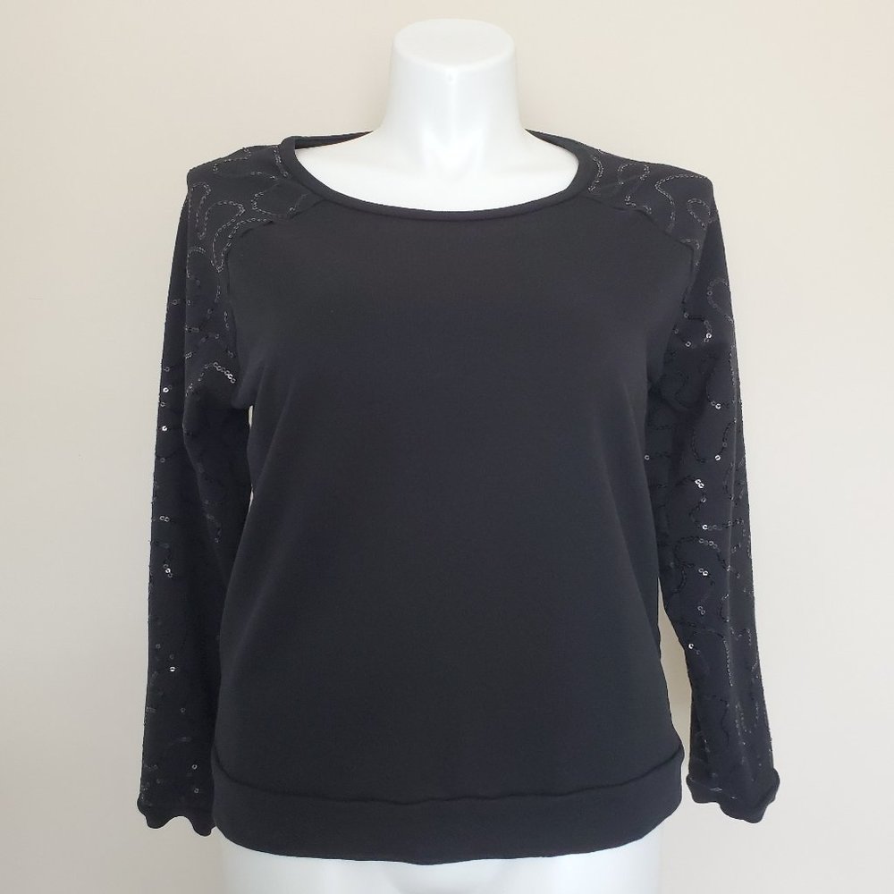Chicos Sz 2 Black Raglan Sleeve Sequined Top Shirt